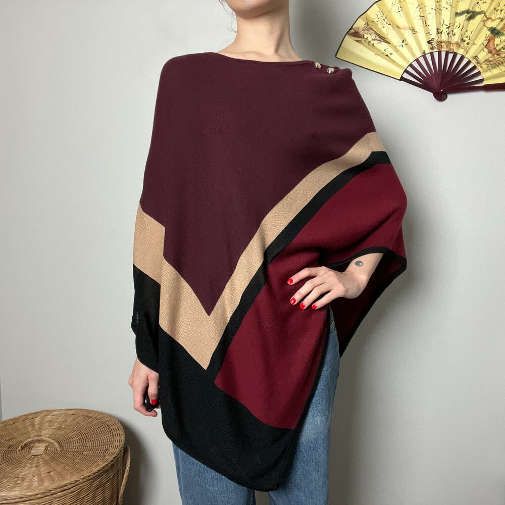 maroon color block knit button sweater poncho top by white house black market